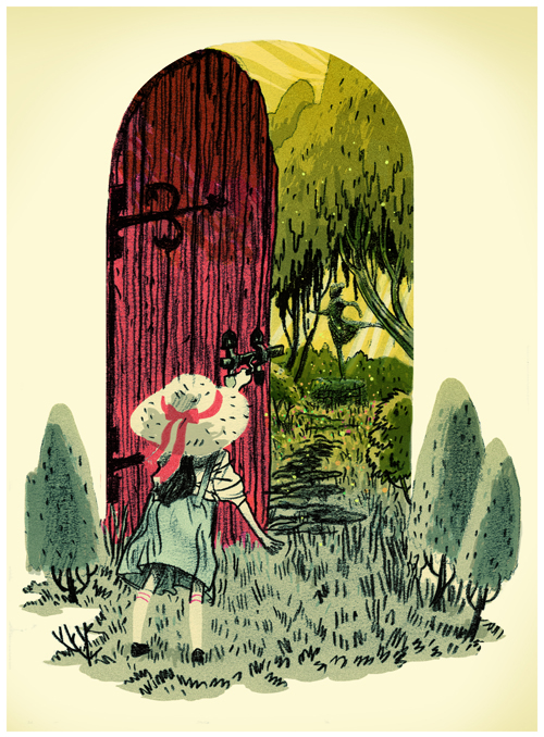 door, secret garden, fantasy, child, girl