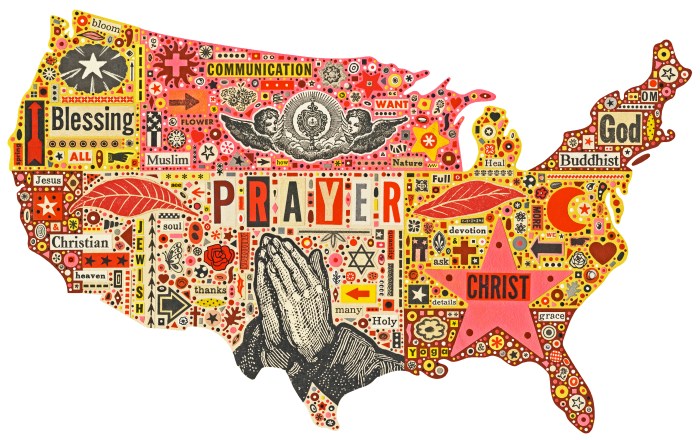 Collage map of the United States with religous symbols